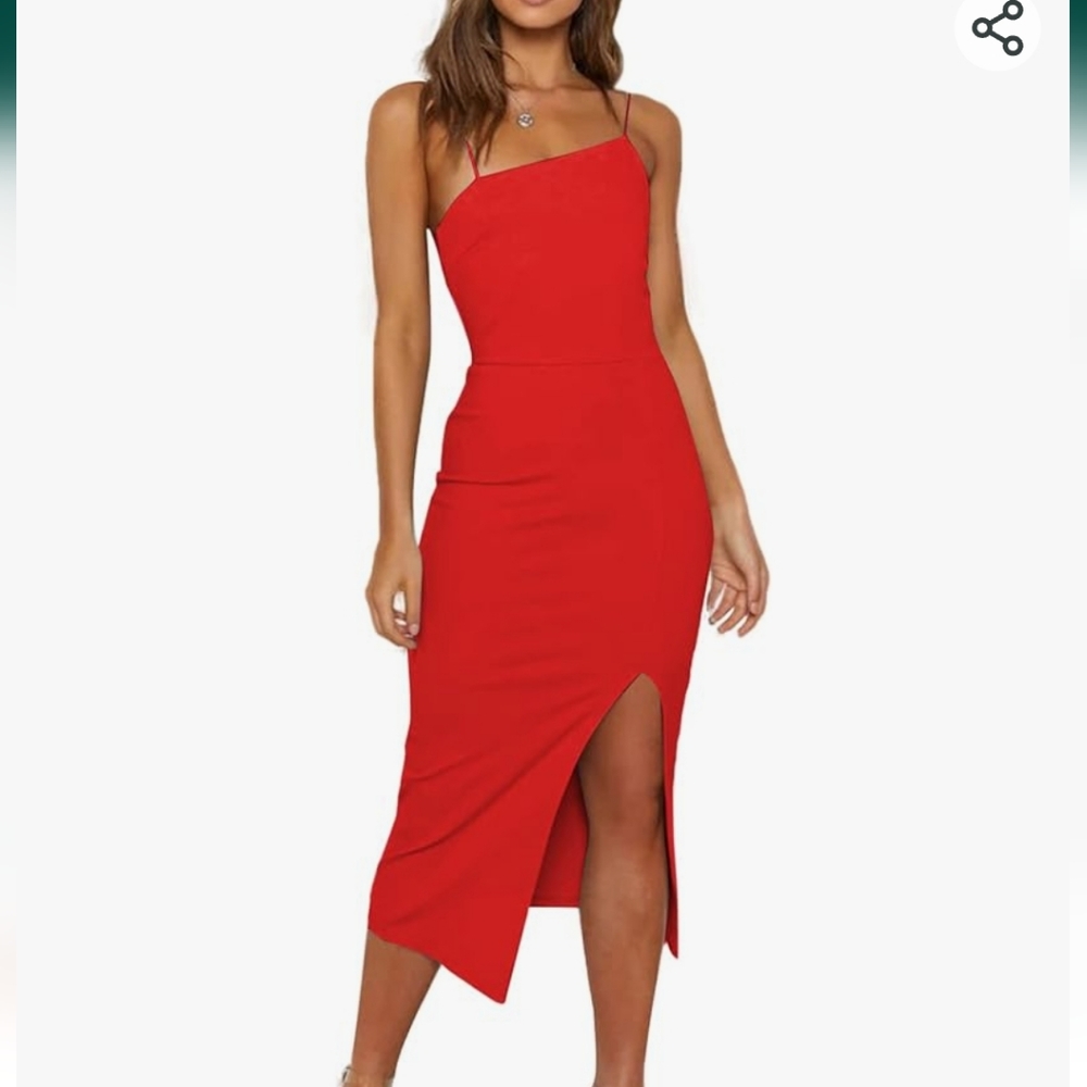 Red Midi Dress size small Spaghetti Straps Split Hem Zipper Bodycon size…